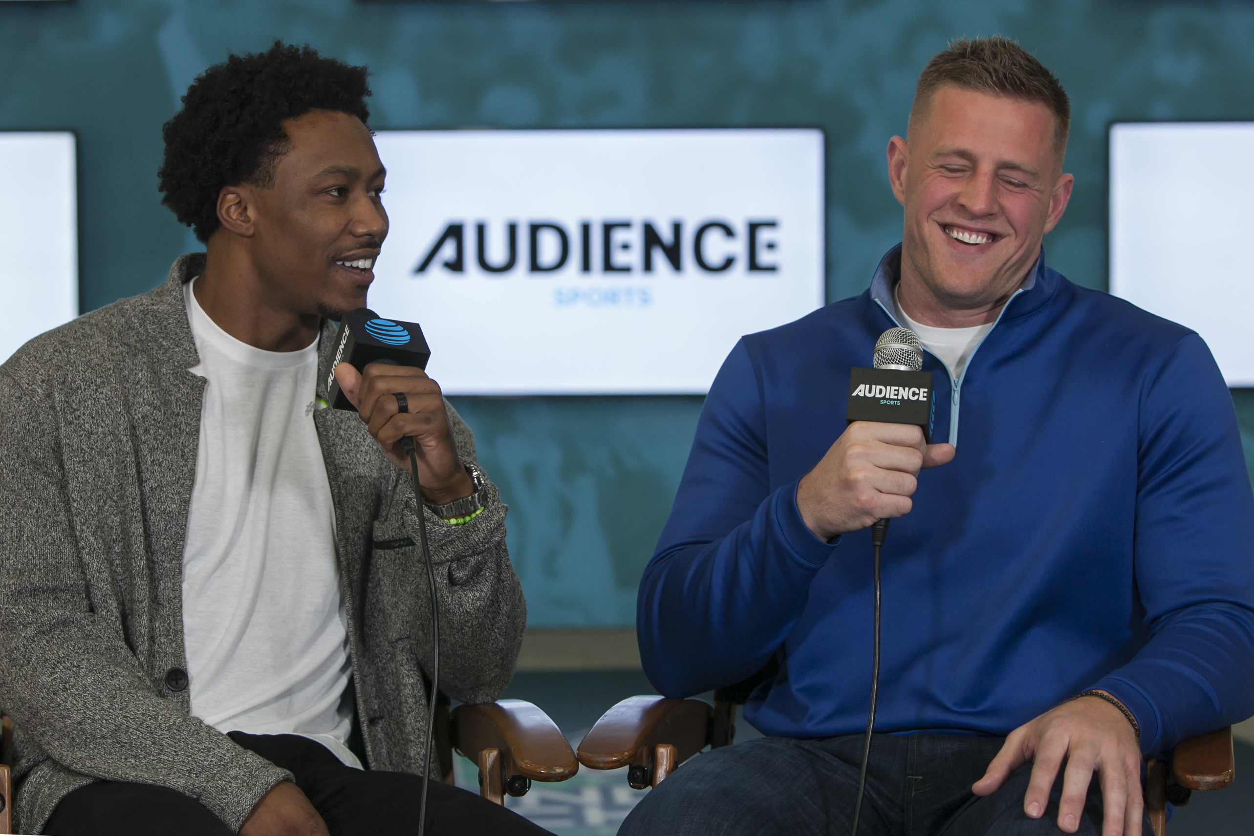 Brandon Marshall talks shop with the Texans' J.J. Watt.